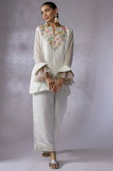 ivory silk linen satin short embroidered kurta set